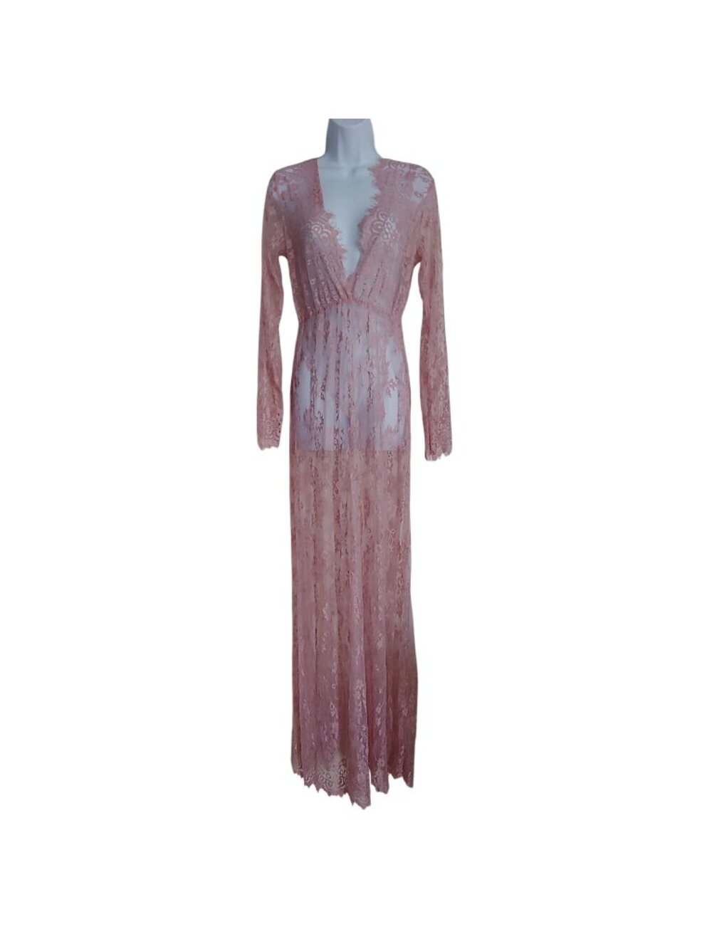 Womens Lace Maxi Dress Pink Deep V L-Sleeve Coquette Bridal Festival Romantic